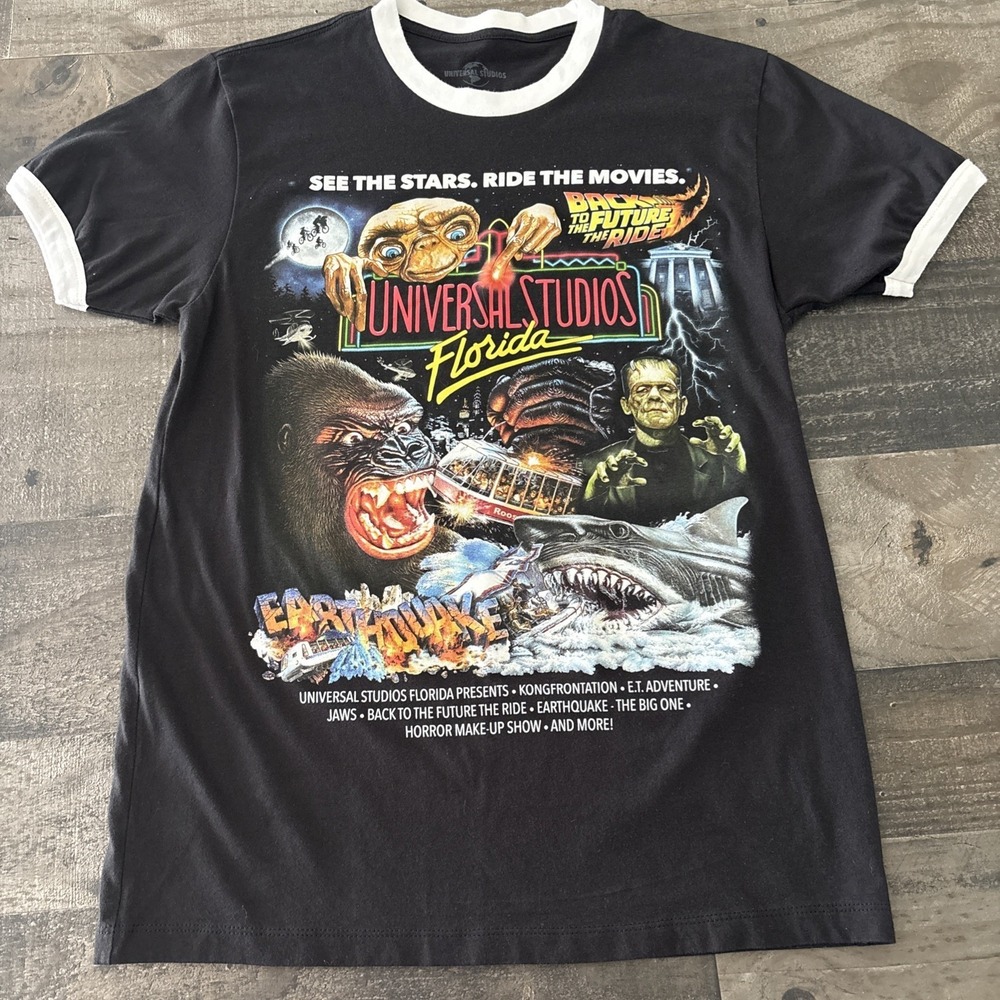 Universal Studios Florida Ride The Movies Retro Black Ringer T-Shirt sz Small